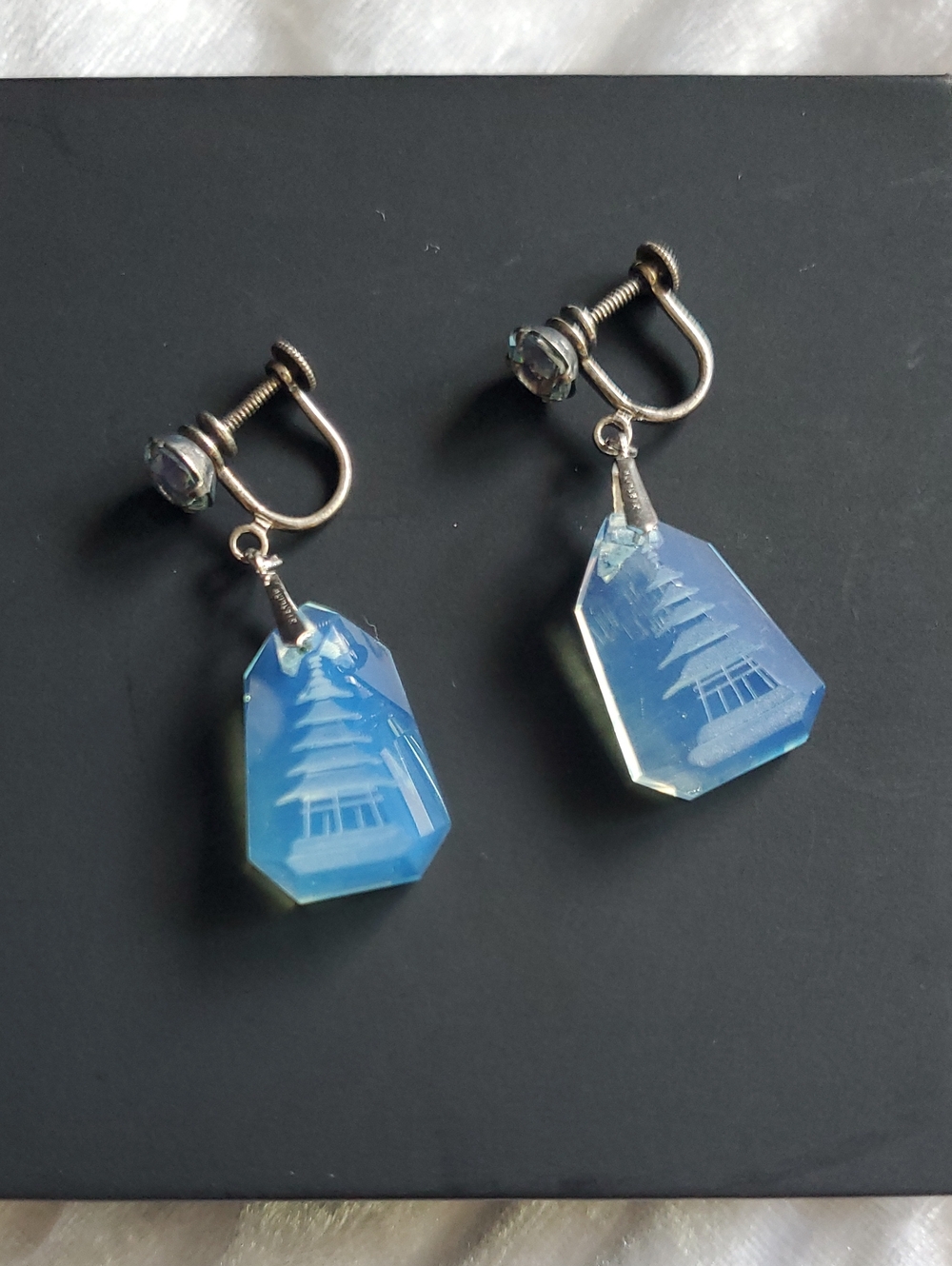 Sterling Silver Blue Opaline Glass Intaglio Pagoda Screw Back Clip-On Earrings